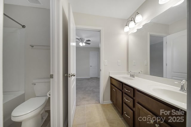 10328 Ebbets Rd, Charlotte, NC 28273 - full bath with double vanity, shower / bath combination, tile patterned flooring, and ceiling fan