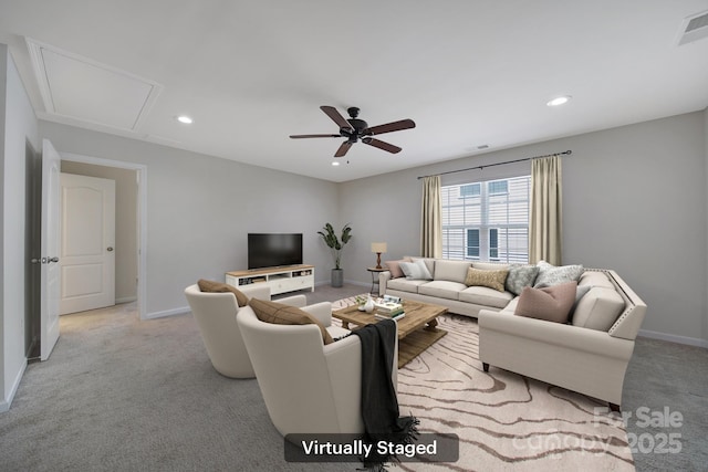 10328 Ebbets Rd, Charlotte, NC 28273 - living area with recessed lighting, a ceiling fan, and light carpet