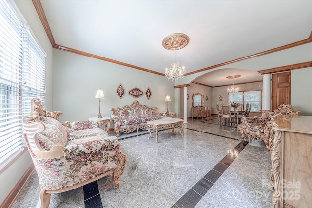 3100 Shady Grove Ln, Matthews, NC 28104 - living area with a chandelier, arched walkways, ornate columns, crown molding, and inlaid floor details