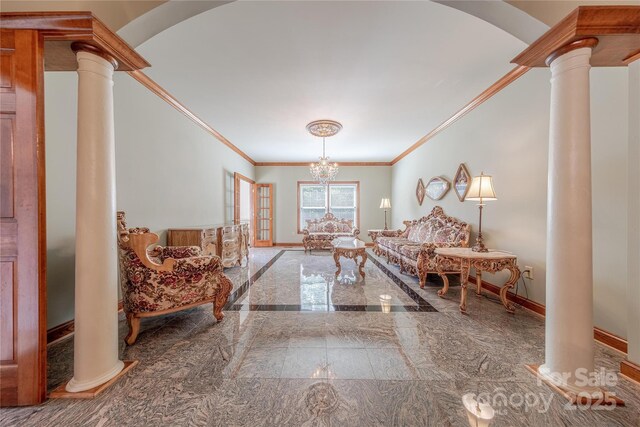3100 Shady Grove Ln, Matthews, NC 28104 - living room with ornamental molding, marble tiled flooring, arched walkways, and decorative columns