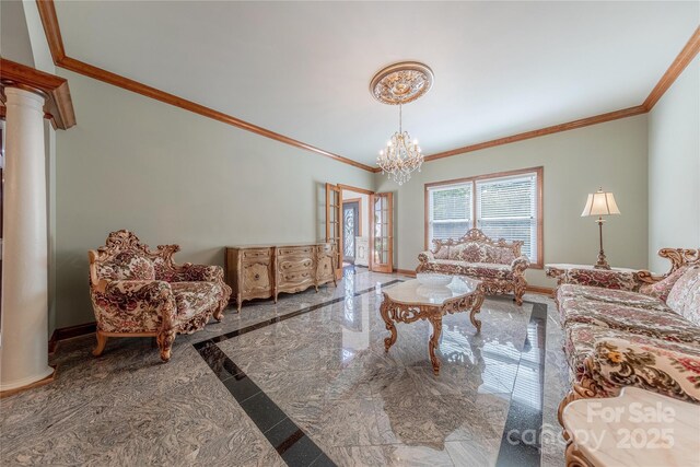 3100 Shady Grove Ln, Matthews, NC 28104 - living area featuring a chandelier, crown molding, marble tiled floors, and ornate columns
