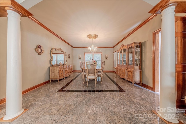 3100 Shady Grove Ln, Matthews, NC 28104 - dining area featuring a chandelier, decorative columns, and ornamental molding