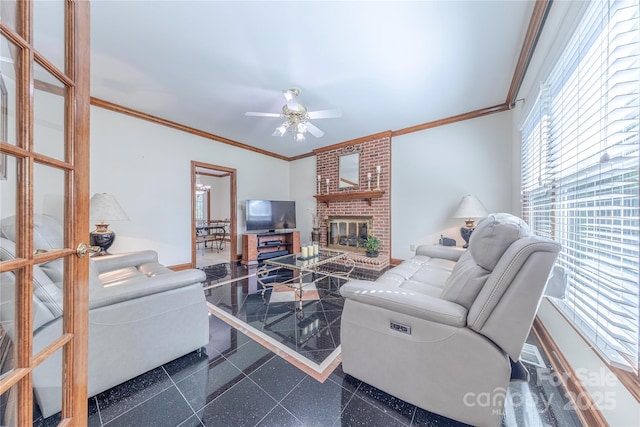 3100 Shady Grove Ln, Matthews, NC 28104 - living room featuring ornamental molding, ceiling fan, granite floors, and a brick fireplace