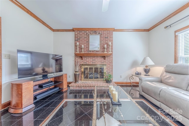 3100 Shady Grove Ln, Matthews, NC 28104 - living room with granite floors, crown molding, and a fireplace