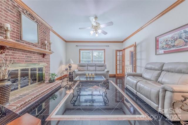 3100 Shady Grove Ln, Matthews, NC 28104 - living room with granite floors, a ceiling fan, crown molding, and a fireplace