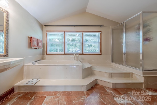 3100 Shady Grove Ln, Matthews, NC 28104 - bathroom featuring lofted ceiling, a bath, and a shower stall