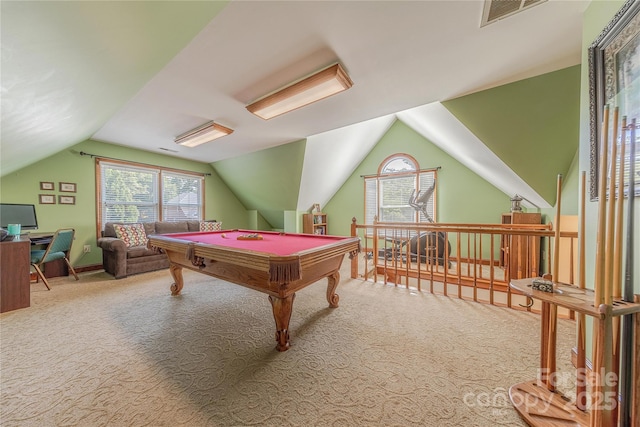 3100 Shady Grove Ln, Matthews, NC 28104 - game room featuring carpet floors, billiards, and lofted ceiling