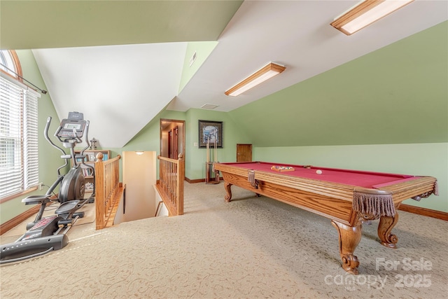 3100 Shady Grove Ln, Matthews, NC 28104 - recreation room featuring vaulted ceiling, carpet floors, and billiards table