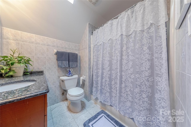 3100 Shady Grove Ln, Matthews, NC 28104 - bathroom with tile walls, vanity, a shower with curtain, tile patterned flooring, and lofted ceiling