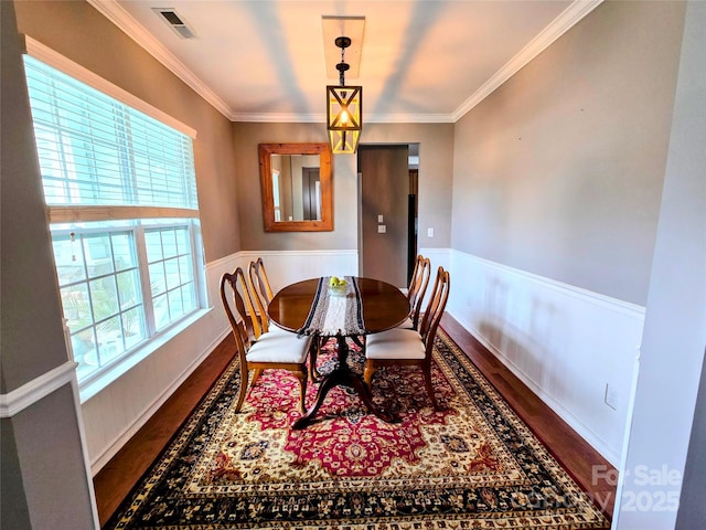 10302 Newbridge Rd, Charlotte, NC 28278 - dining area with dark wood-type flooring, wainscoting, and ornamental molding