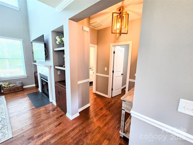 10302 Newbridge Rd, Charlotte, NC 28278 - corridor featuring built in shelves and dark wood-type flooring