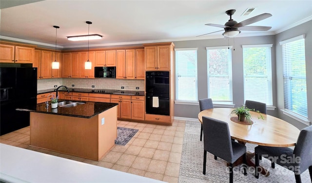 10302 Newbridge Rd, Charlotte, NC 28278 - kitchen featuring black appliances, ornamental molding, plenty of natural light, decorative backsplash, and ceiling fan