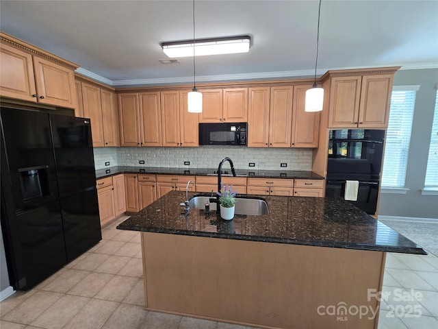 10302 Newbridge Rd, Charlotte, NC 28278 - kitchen featuring black appliances, tasteful backsplash, light tile patterned flooring, crown molding, and a kitchen island with sink