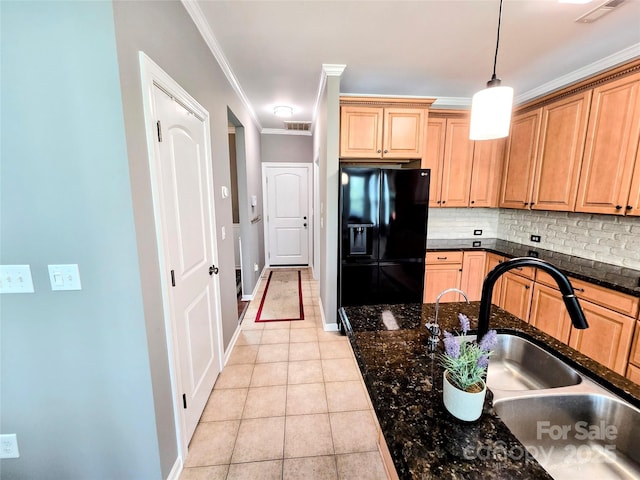 10302 Newbridge Rd, Charlotte, NC 28278 - kitchen featuring black fridge with ice dispenser, ornamental molding, light tile patterned floors, tasteful backsplash, and hanging light fixtures