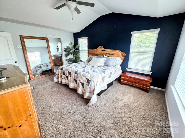 10302 Newbridge Rd, Charlotte, NC 28278 - carpeted bedroom with vaulted ceiling, a ceiling fan, and ensuite bath