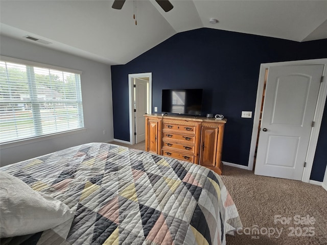 10302 Newbridge Rd, Charlotte, NC 28278 - bedroom with lofted ceiling, light colored carpet, and a ceiling fan