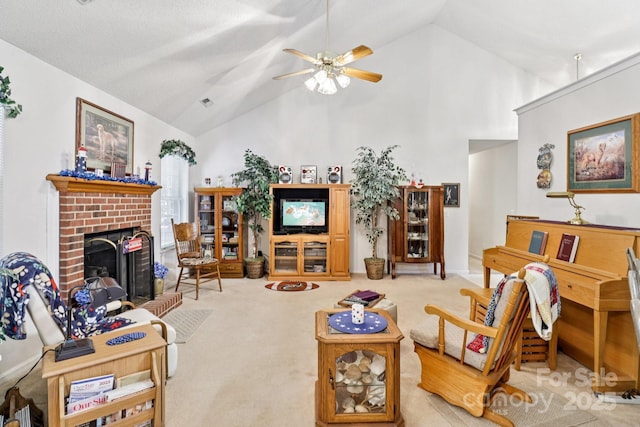 11100 Scrimshaw Ln, Charlotte, NC 28215 - carpeted living area with high vaulted ceiling, ceiling fan, and a fireplace