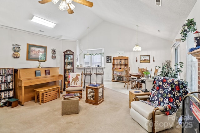 11100 Scrimshaw Ln, Charlotte, NC 28215 - carpeted living room with a ceiling fan and high vaulted ceiling