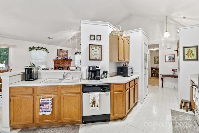 11100 Scrimshaw Ln, Charlotte, NC 28215 - kitchen featuring white dishwasher, lofted ceiling, light countertops, a peninsula, and black microwave