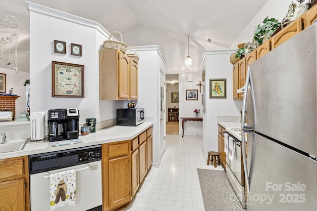 11100 Scrimshaw Ln, Charlotte, NC 28215 - kitchen featuring white appliances, vaulted ceiling, light flooring, light countertops, and decorative light fixtures