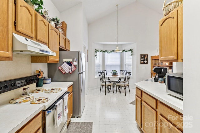 11100 Scrimshaw Ln, Charlotte, NC 28215 - kitchen featuring white range oven, under cabinet range hood, stainless steel microwave, light countertops, and high vaulted ceiling