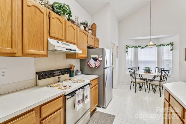 11100 Scrimshaw Ln, Charlotte, NC 28215 - kitchen with white electric stove, under cabinet range hood, light countertops, high vaulted ceiling, and pendant lighting