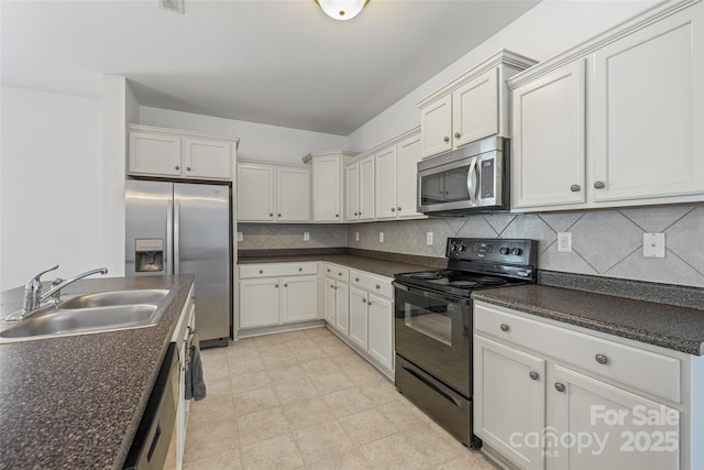 1287 Century Dr, Clover, SC 29710 - kitchen with appliances with stainless steel finishes, dark countertops, backsplash, and white cabinetry