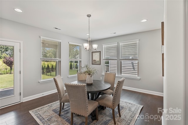 2225 Masons Bend Dr, Fort Mill, SC 29708 - dining room featuring plenty of natural light, a chandelier, recessed lighting, and dark wood-style floors