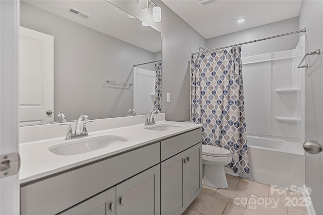 2225 Masons Bend Dr, Fort Mill, SC 29708 - bathroom with double vanity, shower / bath combination with curtain, tile patterned floors, and recessed lighting