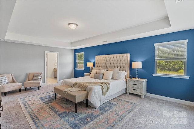 2225 Masons Bend Dr, Fort Mill, SC 29708 - bedroom with a tray ceiling, light colored carpet, multiple windows, and connected bathroom