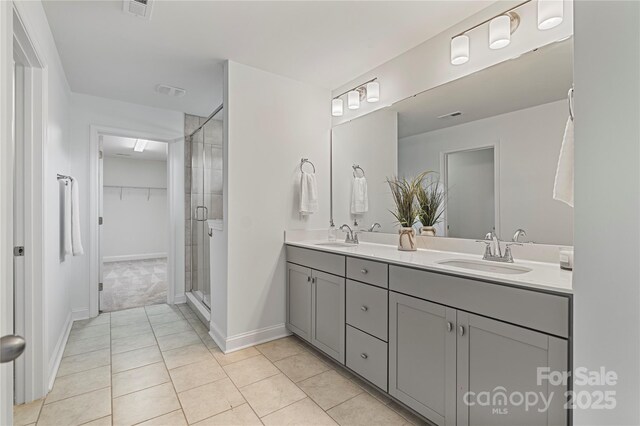 2225 Masons Bend Dr, Fort Mill, SC 29708 - full bathroom with double vanity, a stall shower, a spacious closet, and tile patterned flooring