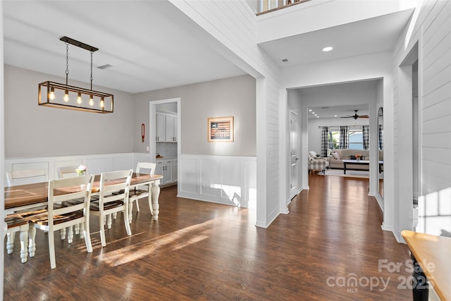 305 Redberry Ct, York, SC 29745 - dining room featuring dark wood-style flooring, wainscoting, recessed lighting, and ceiling fan