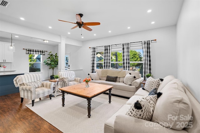 305 Redberry Ct, York, SC 29745 - living area with wood finished floors, a ceiling fan, and recessed lighting