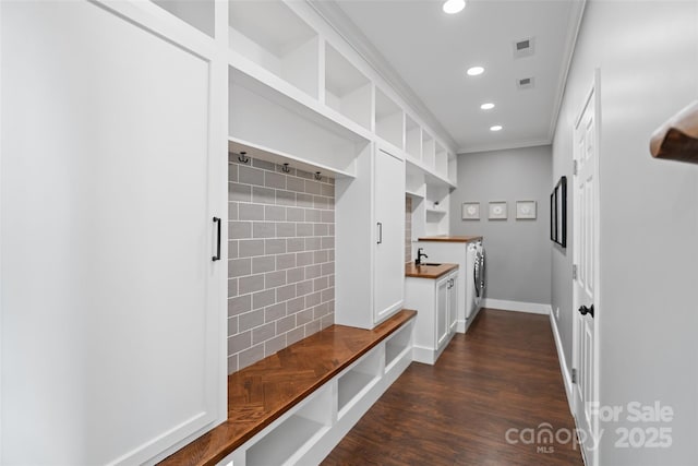 305 Redberry Ct, York, SC 29745 - mudroom with recessed lighting, crown molding, washer / dryer, and dark wood-style flooring