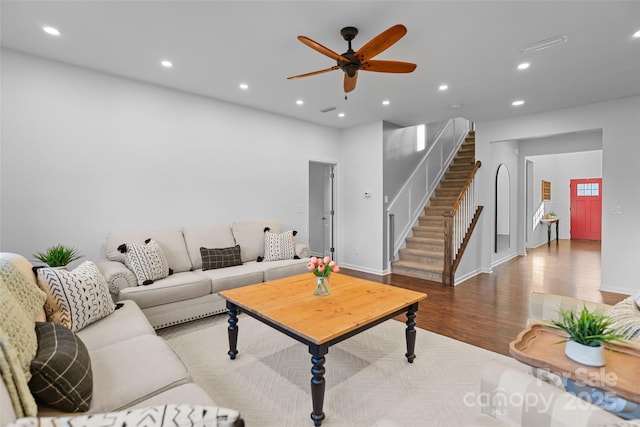305 Redberry Ct, York, SC 29745 - living area with wood finished floors, a ceiling fan, recessed lighting, and stairs