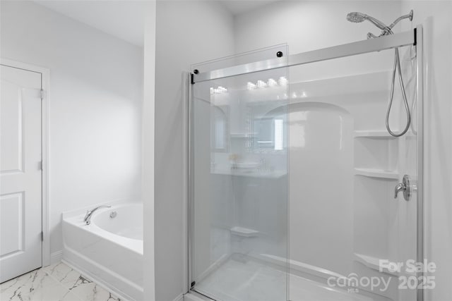 305 Redberry Ct, York, SC 29745 - full bath with a shower stall, a garden tub, and marble look tile flooring