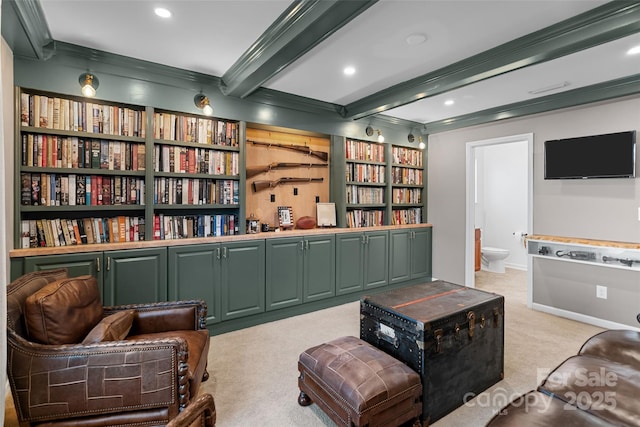 305 Redberry Ct, York, SC 29745 - living area featuring light colored carpet, beamed ceiling, recessed lighting, and ornamental molding