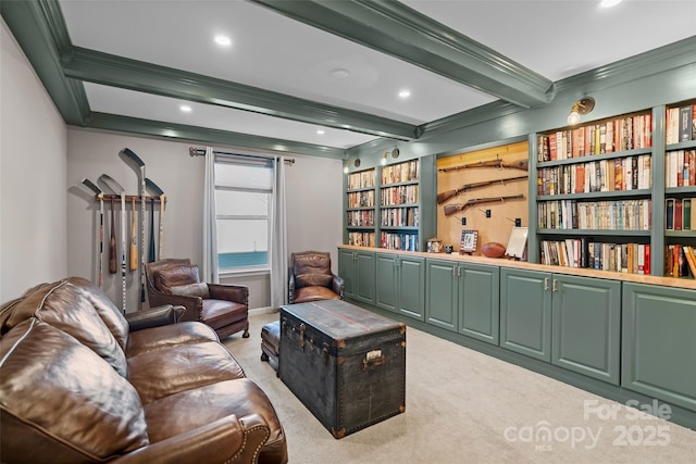 305 Redberry Ct, York, SC 29745 - living area featuring beamed ceiling, crown molding, carpet, recessed lighting, and built in features