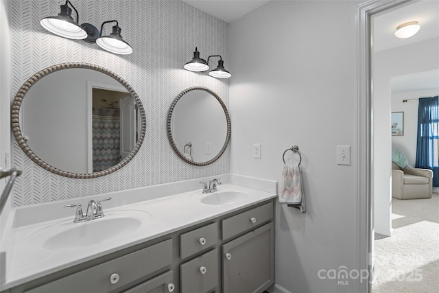 305 Redberry Ct, York, SC 29745 - full bathroom with double vanity and wallpapered walls