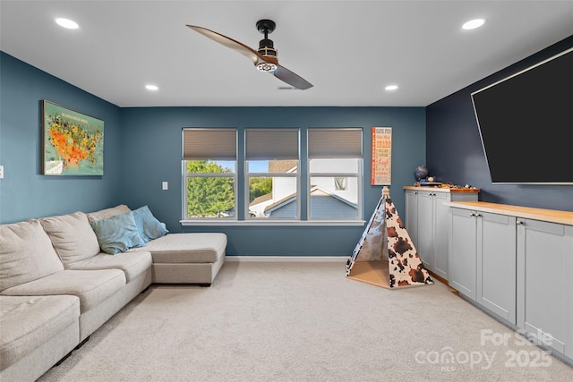 305 Redberry Ct, York, SC 29745 - living room with ceiling fan, light carpet, and recessed lighting