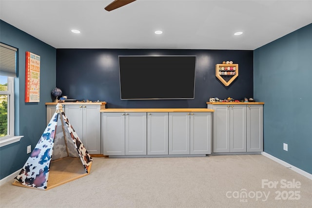 305 Redberry Ct, York, SC 29745 - playroom with light carpet, recessed lighting, and a ceiling fan
