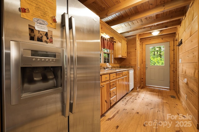 41 Waya Way, Whittier, NC 28789 - kitchen featuring stainless steel refrigerator with ice dispenser, a wooden ceiling with exposed beams, light wood-style floors, wooden walls, and dishwasher