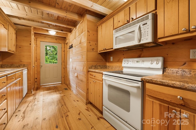 41 Waya Way, Whittier, NC 28789 - kitchen featuring white appliances, wood walls, a wood ceiling with exposed beams, light wood-style floors, and light countertops