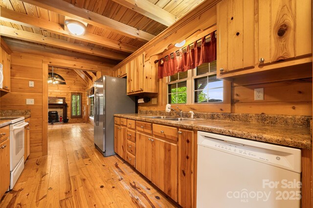 41 Waya Way, Whittier, NC 28789 - kitchen featuring white appliances, wood walls, light wood-style flooring, wooden ceiling, and ceiling fan