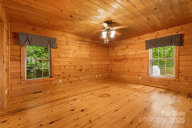 41 Waya Way, Whittier, NC 28789 - empty room featuring wood walls, ceiling fan, wooden ceiling, and wood-type flooring