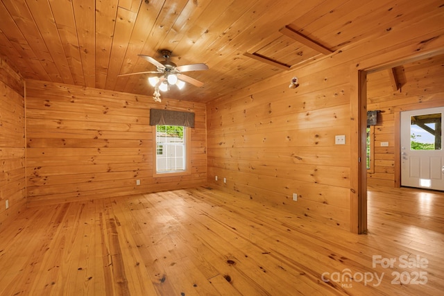 41 Waya Way, Whittier, NC 28789 - empty room with wood walls, wooden ceiling, a ceiling fan, and light wood finished floors