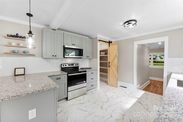410 Gann St, Lowell, NC 28098 - kitchen with stainless steel appliances, a barn door, gray cabinetry, light stone counters, and crown molding