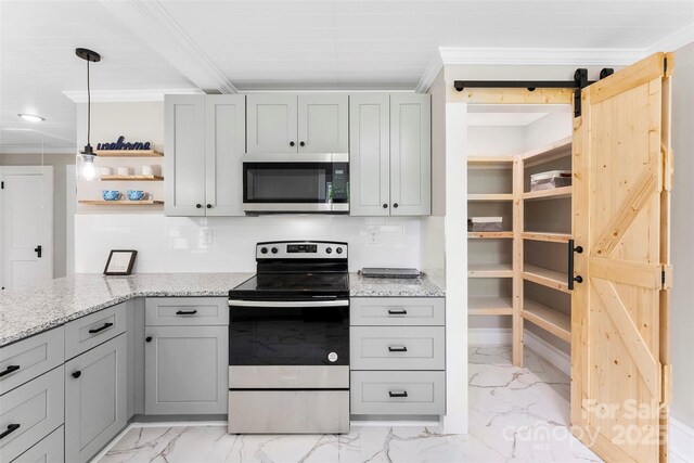 410 Gann St, Lowell, NC 28098 - kitchen with appliances with stainless steel finishes, gray cabinets, light marble finish floors, crown molding, and light stone counters