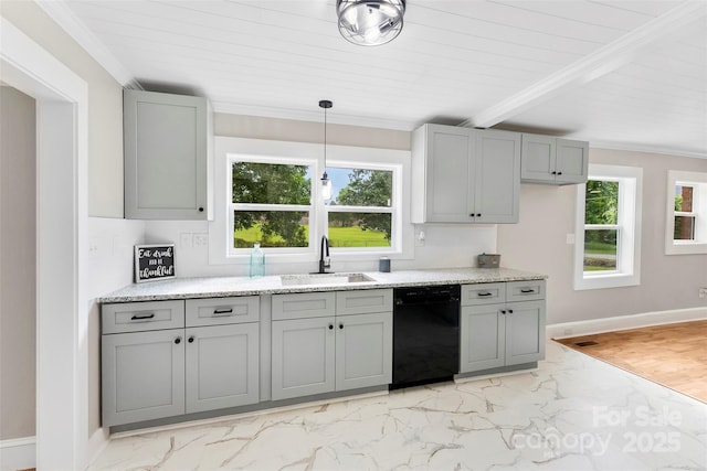 410 Gann St, Lowell, NC 28098 - kitchen featuring dishwasher, gray cabinets, light marble finish floors, healthy amount of natural light, and crown molding