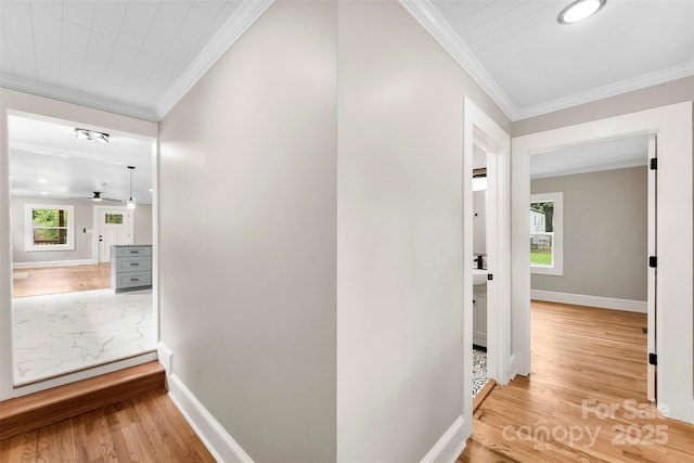 410 Gann St, Lowell, NC 28098 - corridor featuring crown molding and wood finished floors
